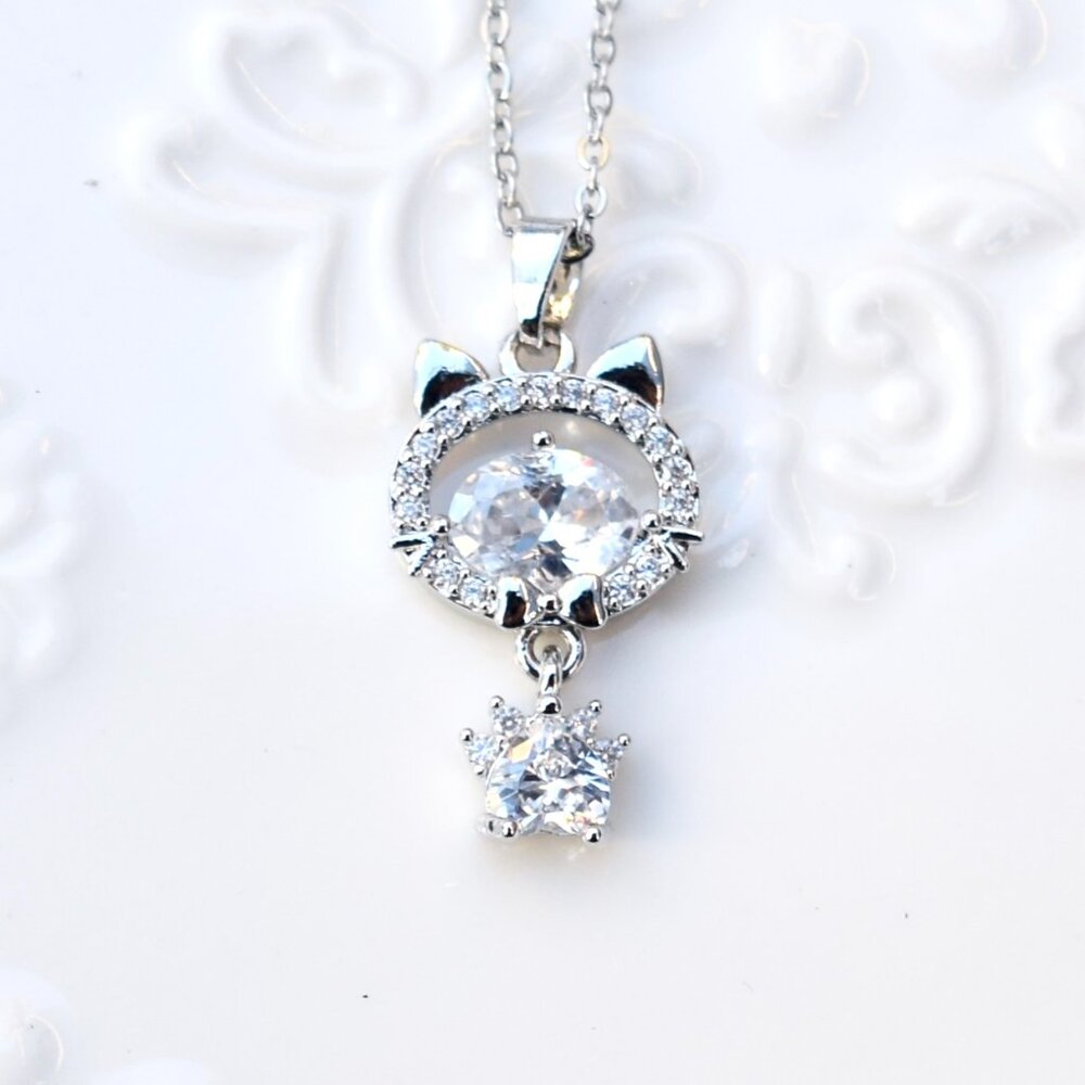 White Crystal Silver Cat Charm Necklace - Stainless Steel
